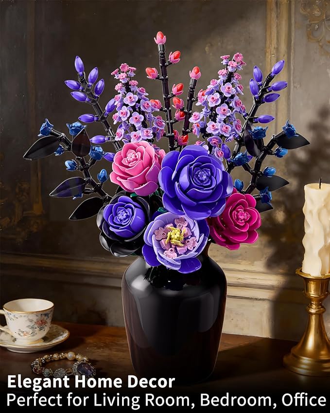 Flowers Bouquet Building Set - Purple Roses Botanical Collection Building Blocks for Adult Women Artificial Flowers Gothic Home Decor Mother's Day Birthday Gift for Adults Kids Girls 6-12 (806PCS)
