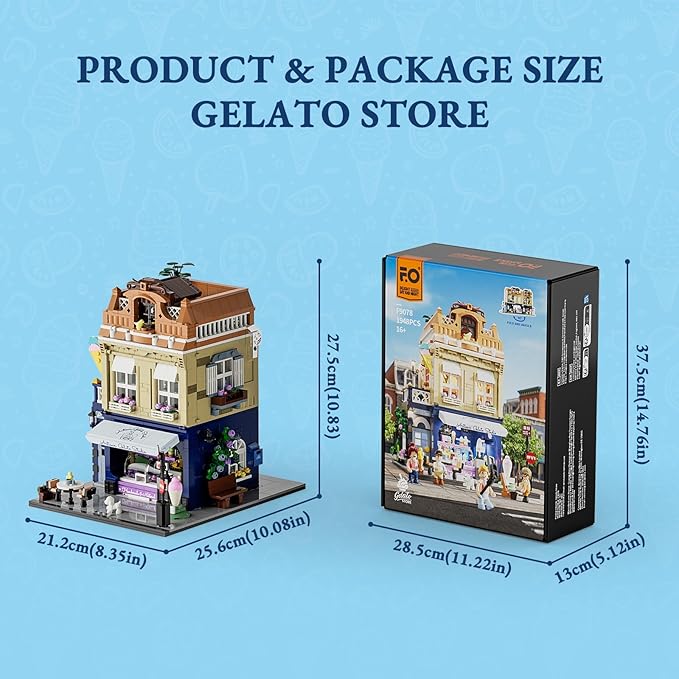 FUNWHOLE Gelato-Store Lighting Building-Bricks Set - City Town Ice Cream Shop LED Light Modular Collection Kit 1948 Pcs Display Model for Adults and Dessert Lovers