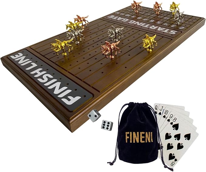Horse Racing Game for Adults Horse Race Board Game with 11 Luxurious Metal Horses (Silver Black Rose Gold) 22” Dark Pine Wood Horse Race Game Board Dice &amp Card Included (Dark Color)