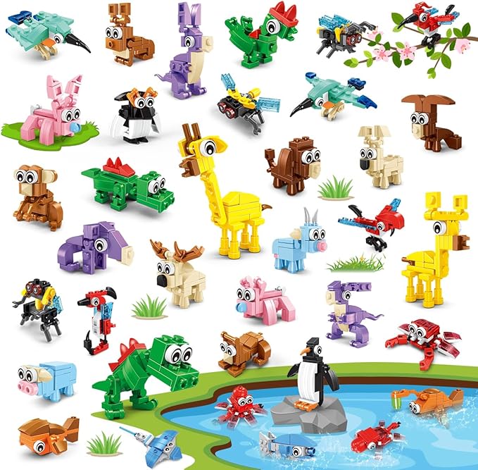 30 Packs Animal Party Favors for Kids 810 PCS Mini Animal Building Block Toy Set for Goodie Bag Fillers Classroom Prizes Easter Birthday Children's Day for Boys Girls Student Ages 6+