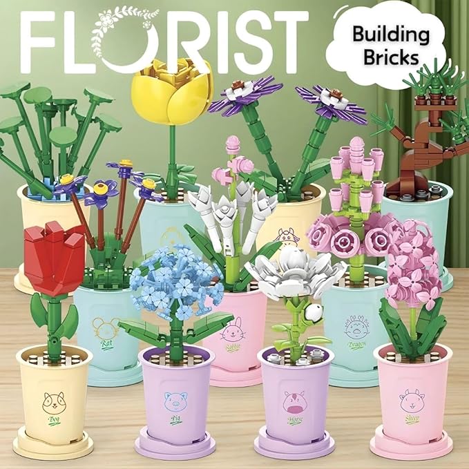 Liberty Imports 12 Pack Mini Flower Botanical Building Block Collection Creative Flower Plant Toy Set for Kids Home or Office Colorful Decorations