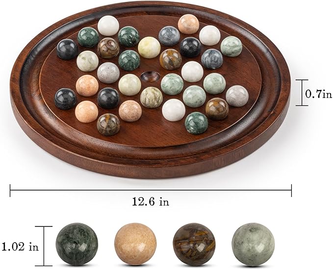 Deluxe Solitaire Game Set: 12.6'' Solid Wooden Board 32 Natural Marble Balls Single-Player Strategy and Smart Games