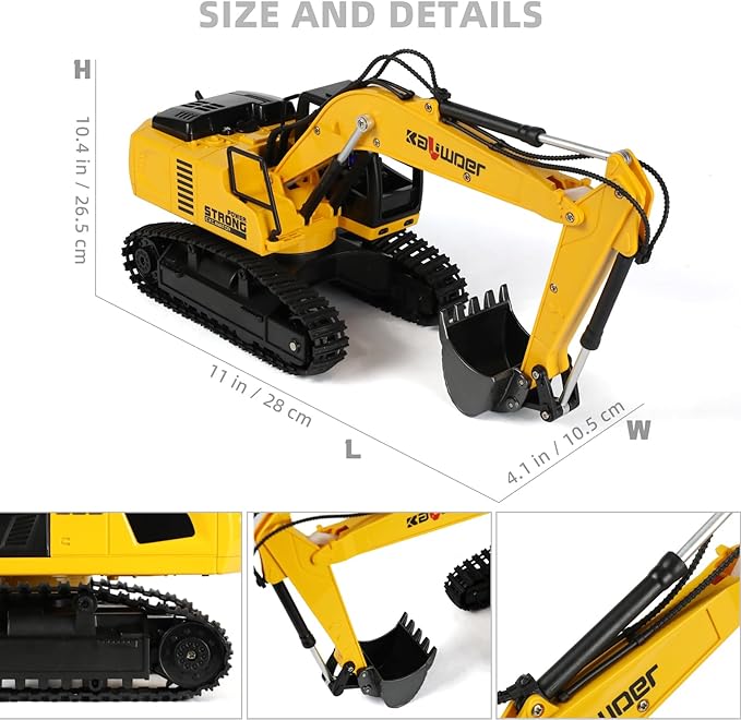Remote Control Excavator for Boys Metal Bucket Construction Vehicle - Includes 2 Rechargeable Batteries for 40+ Mins Play 1/24 Scale Realistic Sound &amp Lights STEM Gift for Kids 3-12