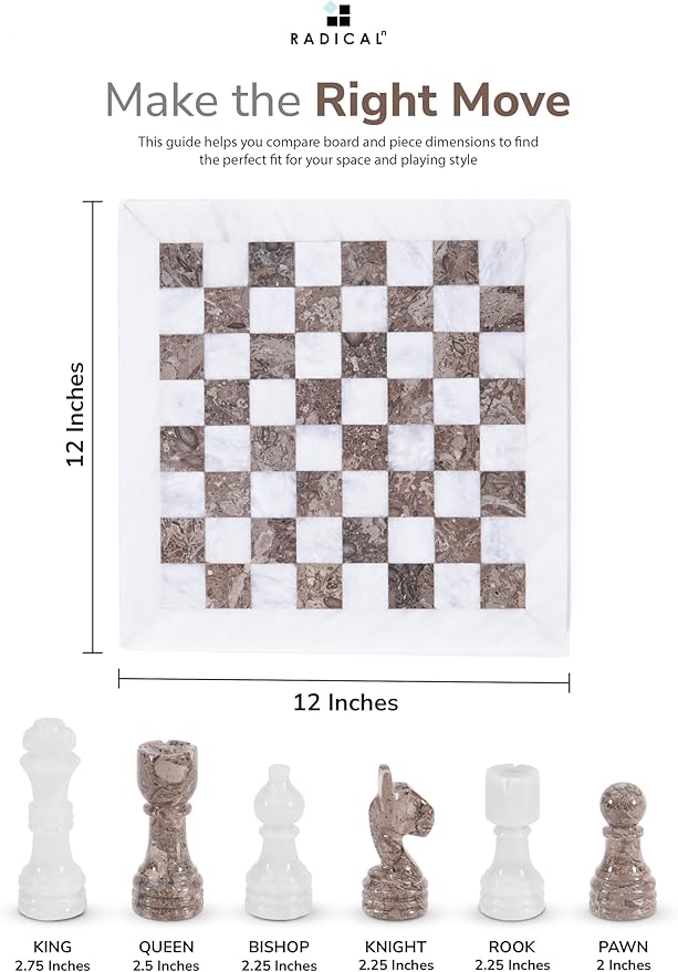 Radicaln Marble Chess Set 12 Inches White and Grey Oceanic Handmade Luxury Board Game for Adults Classic Stone Chess Board &amp Pieces Premium Game Night Gift for Home Decor