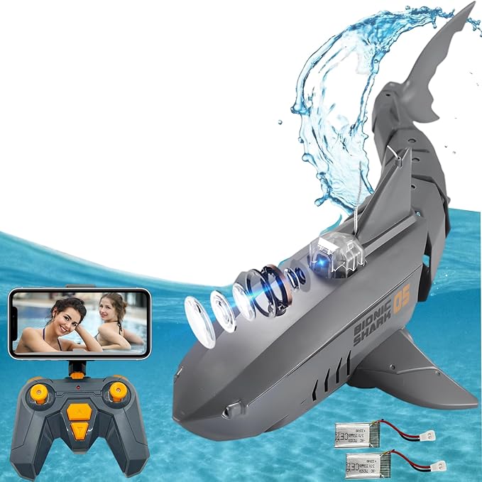 RC Sharks with Camera for Kids/Adults Remote Control Shark Toys for Swimming PoolRC Boat with CameraPool Toys RC Camera Boat Toys Simulated Shark for Outdoor Toys(2 Batteries)
