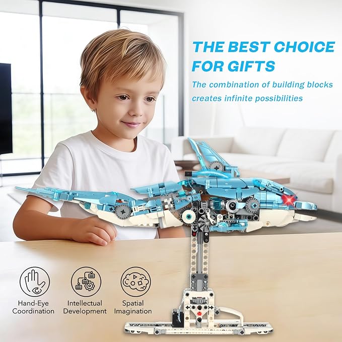 Mechanical Blue Dolphin Building Blocks Linkage Kit Sea Animal Model with Lighting Display Stand STEM Power Toy DIY Desktop Ornament for Kids &amp Adults Ages 12+ Birthday Gift Idea 888pcs
