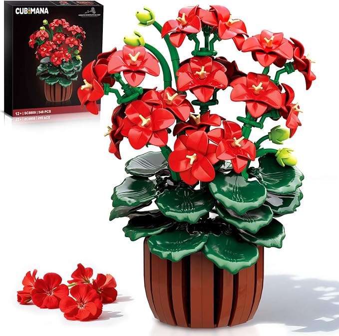 Flowers Geranium Botanicals Building Set - Artificial Bonsai Plants for Home Office Decor Display 548PCS Geranium Flowers Pot Building Blocks for Adults Women Age 12+ Gift for Easter