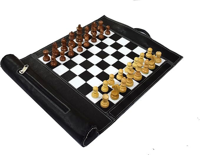 19X15 Genuine Leather Chess Set (Chess Size-12X12) - with 3 King Size Chess Pieces &amp Roll-Up Leather Chess Board (Black)