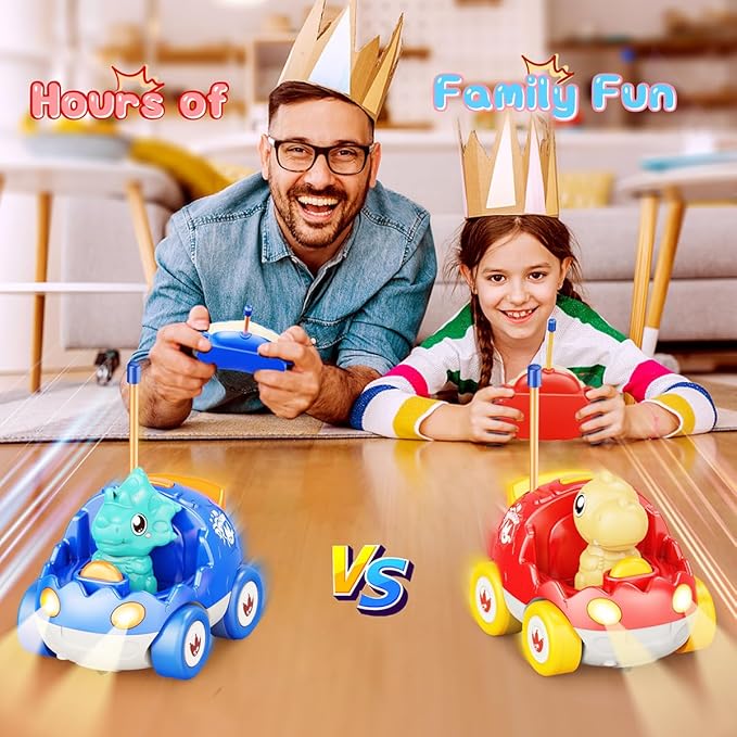 2 Pack Dinosaur Remote Control Cars Toys for Kids 2 3 4 5 Years Old Easter Present Birthday Gifts for Boys and Girls Ages 2-5 Dino Race Car Toddlers Toys with Music and Light(Red Blue)