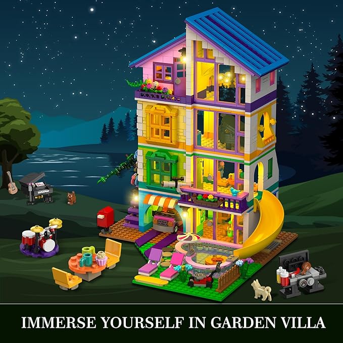 HOGOKIDS Girls House Building Set with LED Light - 1317 PCS Friends Villa Block Toy with Car and Pool Garden 4 Floor Building Kit for Role Play Birthday Gift for Girls Boys Kids Ages 8-14+