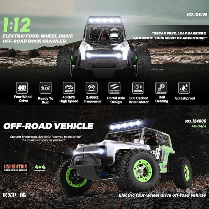 GoolRC WLtoys 124006 RC Car 1:12 Scale Remote Control Car 4WD 40KM/H High Speed RC Truck 2.4GHz Off-Road RC Crawler RTR with LED Lights and 2 Batteries for Adults (Green)