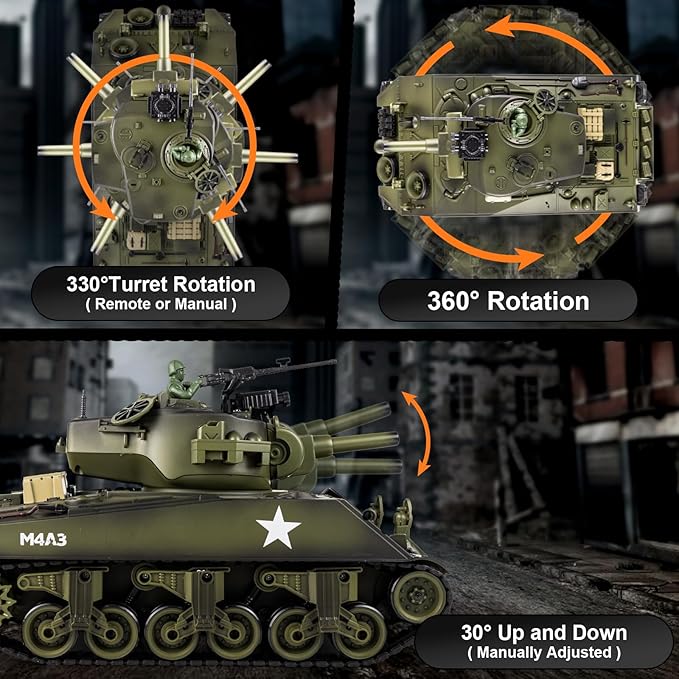 1/18 RC Tank 2.4G US M4A3 Sherman Remote Control Tank That Shoot BBS with Smoke Sound and Lights 165ft Remote Control Army Model Toy Military All-Terrain Vehicle for Kids &amp Adults