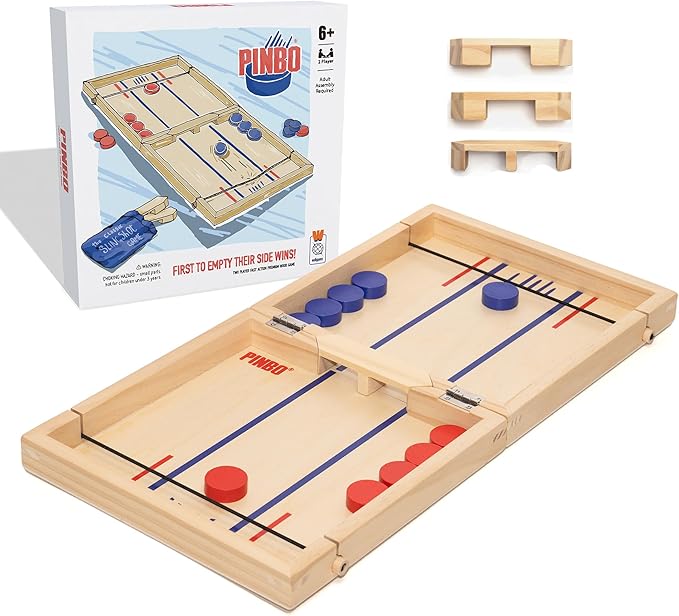 Pinbo Sling Puck Game (18) Premium Wooden Foldable Board | 2 Player Tabletop Game for Adults &amp Kids | Travel Friendly Classic Slingshot Game