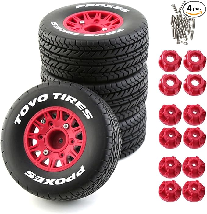1/10 RC Short Course Truck Tires And Wheels With 12mm 14mm 17mm Hex 113mm 1/8 Rubber Tyres For 1/8 or 1/10 Scale On Road Car HSP Sonic 94102 GT PTG-2 Tamiya TT02 RC Racing Car 4PCS (Red A)