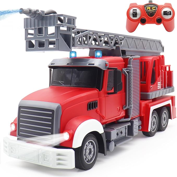 9 CH Remote Control Fire Truck Rc Fire Truck Toy Fire Truck with Lights Working Water Pump and Rotating Rescue Ladder 2.4G Firetruck Toy for Kids Boys Age 6-8 Gift