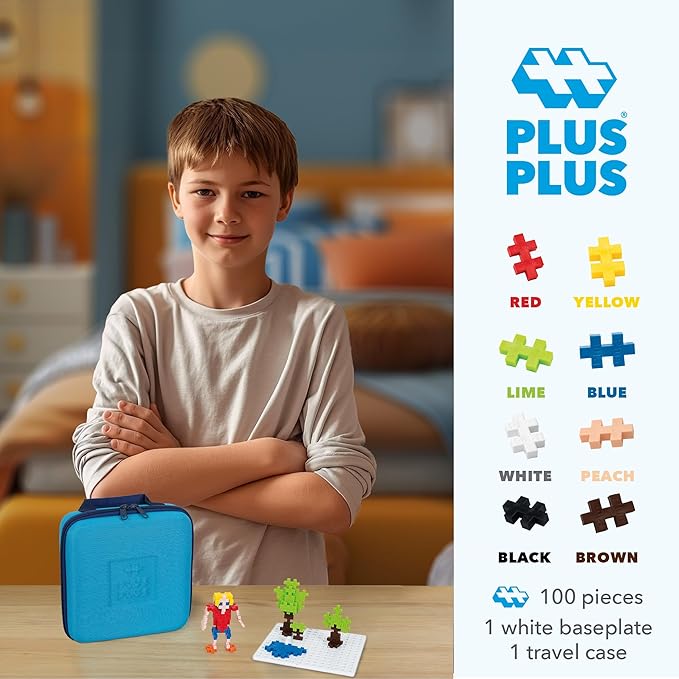 Plus Plus Building Set with Travel Case 3D Open Ended Stem Toy for Kids 100 Mini Interlocking Pieces 1 Baseplate - Basic Mix