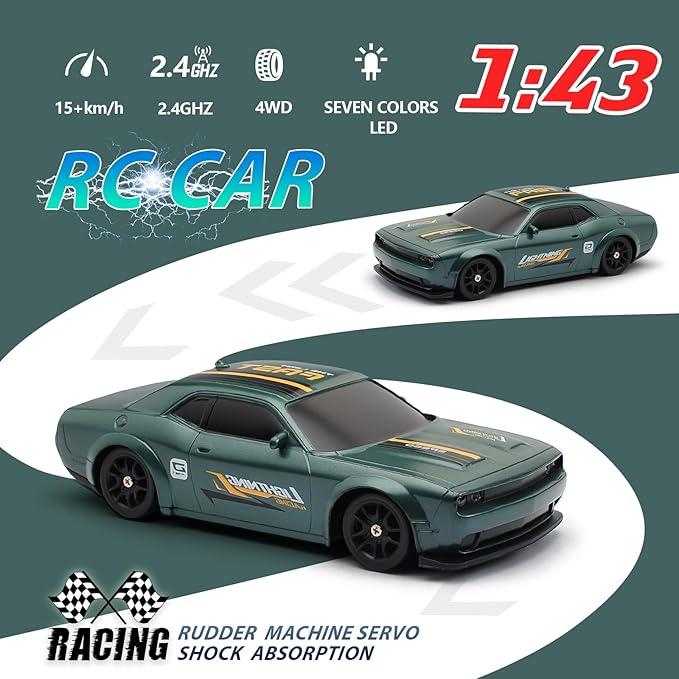 1:43 Scale Mini Racing Drift Car Model2.4GHz Remote Control Car 4WD High Speed Race with LightsRacing TiresRC Toys Hobbyist Gift for Adults Kids Boys Girls (Green)