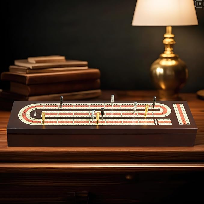 Cribbage Board Game Set Continuous 3 Track Wooden Board with Magnetic Lock 9 Metal Pegs 2 Playing Cards Large Storage Area Travel Portable Travel Cribbage Boards for Adult Child