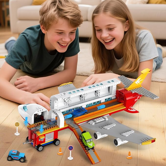HOGOKIDS 2 Style City Airplane Building Set with LED Light - Plane Building Blocks Switch Passenger Cargo Projectile Toy with 3 Cars Planes Model Toys Valentines Gifts for Kids Boys Girls Age 6-12+