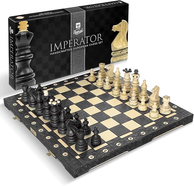 Wegiel Imperator 21-Inch Luxury Wooden Chess Set for Adults and Kids - Handcrafted from Premium Beech and Birch Wood - Unique Folding Design with Chess Piece Storage BlackImperator - Black