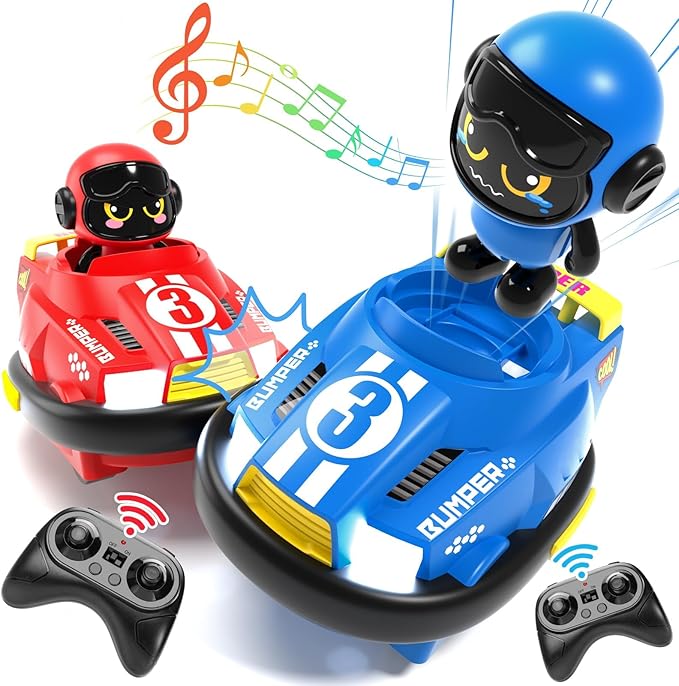 2 Pack Cute Cartoon Remote Control Bumper Car for Toddlers-Mini RC Cars with Light &amp Sound &amp 360°Rotating-Race car Toys for 3 4 5 6Year Old Boys Girls Kids-Christmas Birthday Gifts