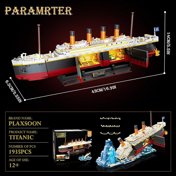 2 in 1 Titanic Building Set with Lights 1935 PCS Titanic Ship Mini Building Block Kit with Glacier Display Stand Home Decor Ship Model Birck Toy Gift for Adults Teens Boys Girls 12+