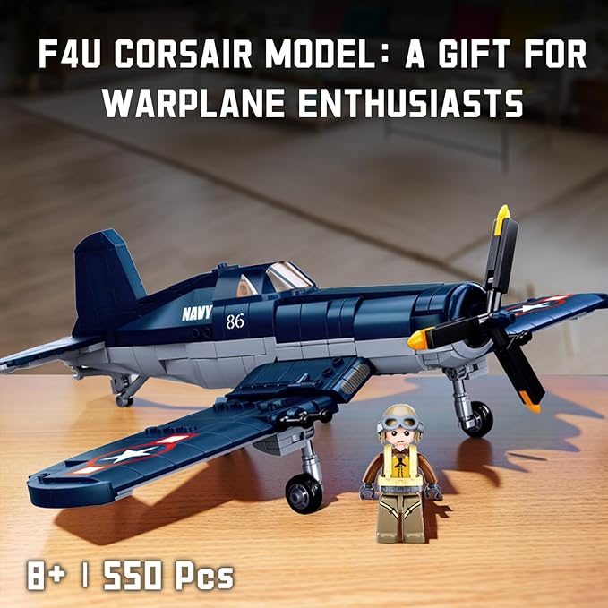 WW2 F4U Fighter Bomber Building Bricks - 550 Pcs Army Set with 1 Soldier - Engaging WWII Toys for Kids &amp Adults