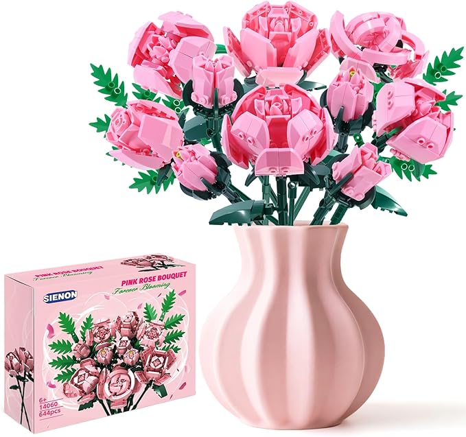 Pink Rose Flower Building Set-10pcs Roses &amp 2pcs Leaves Botanical Collection Artificial Flowers for Home Décor Rose Bouquet Building Kit for Valentine’s Day Christmas Birthday Anniversary (No Va