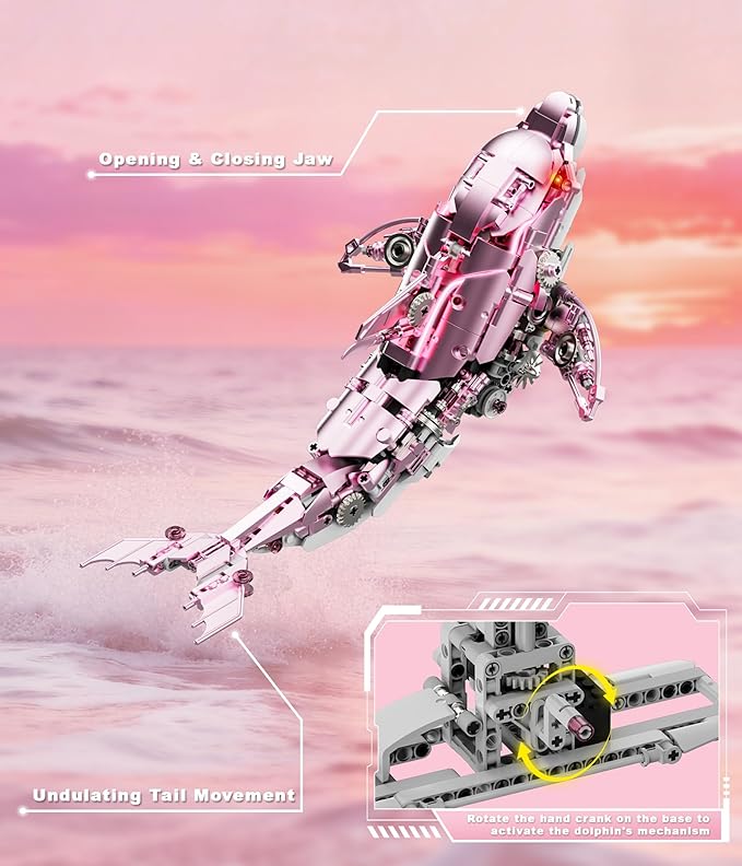 Mechanical Dolphin Building Kit Hand Crank Building Toys with Moving Jaw Swimming Tail &amp Glowing Light Effects STEM Educational Toy &amp Unique Desk Decor for Ages 8+ &amp Adults Pink