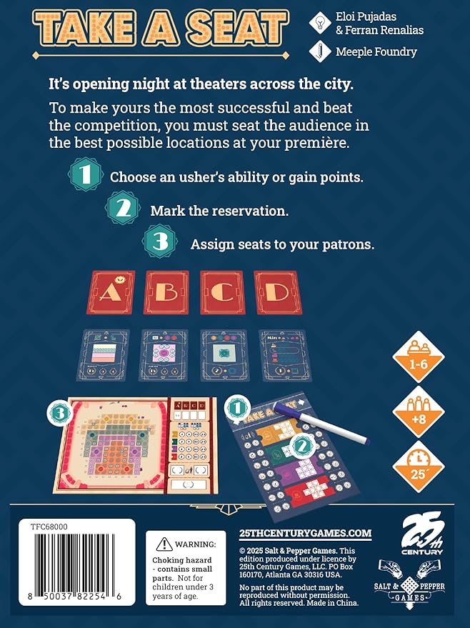 Take a Seat by 25th Century Games | Strategic Theater Seating Board Game | Share &amp Write Mechanic. Celebrity Reservations | Objective Cards &amp Usher Bonuses for 2-5 Players