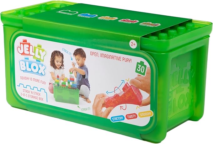Jelly Blox Stash 'N Stack 2-in-1 Storage Case with 30 Blocks | Toddler &amp Preschool Building Blocks Kids Can Squeeze &amp Stretch | MESH ACCREDITED | Safety Tested &amp Ouch-Free | Sensory Play T