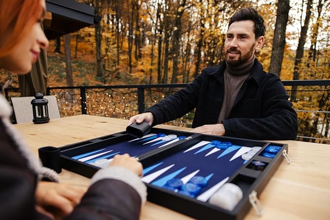 19 Inch Premium Backgammon Sets for Adults Leather Black - Blue. Premium 1.6 Inch Checkers &amp Dice Set Travel Backgammon Set Large Backgammon Board Game Backgammon Game Set