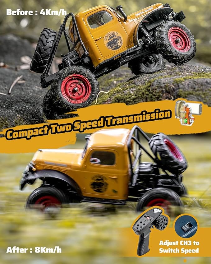 FCX24 RC Crawler 1/24 Remote Control Car Power Wagon 4WD RC Crawler Two-Speed Shift RC Rock Crawler 8Km/h with Portal Axle Metal Gears for Adults (Red)