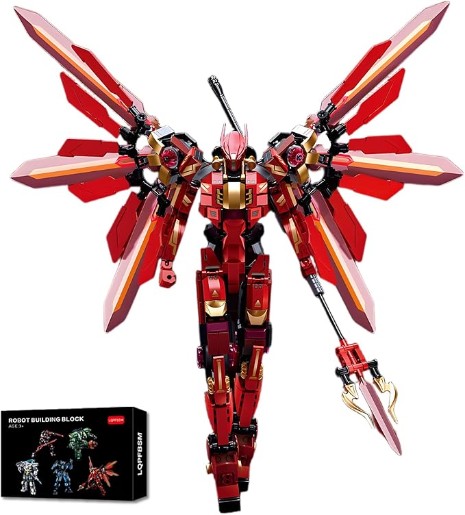 Red Mecha Building Set 511 Pieces Winged Robot Action Figure with Halberd Weapon Fully Articulated Warrior Construction Toy Collectible Anime Model Kit Gift for Adults Teens