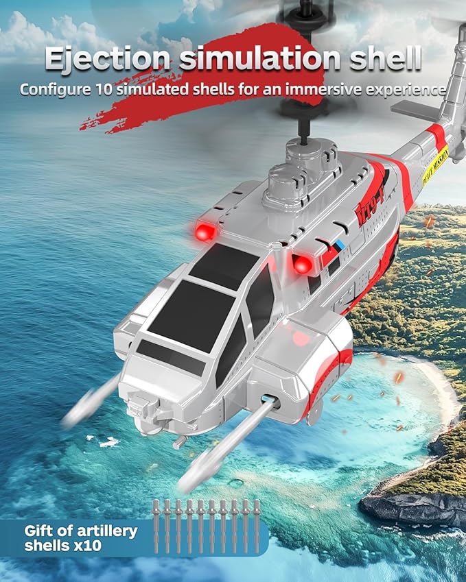 RC Helicopter with 10 Missiles LM19-F 2.4GHz Remote Control Helicopter for Beginners and Adults LED Lights Altitude Hold One-Key Take Off Gifts for Military Fans (2 Batteries)