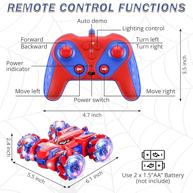 Spider Remote Control Car 2.4Ghz RC Cars with Headlight Double Sided Off-Road 360° Rotating Rechargeable 4WD RC Stunt Car Indoor Outdoor Spider Toys for Boys 4-6 5-7 8-13