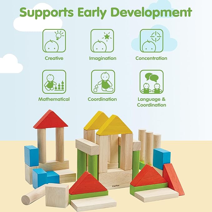 PlanToys® 40 Unit Blocks Wooden Montessori Building and Stacking Toy | Early STEM Fine Motor Creativity and Problem Solving Activity | Eco Friendly Educational Open Ended Play Set