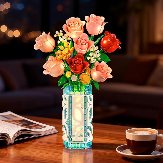 14 Flowers Bouquet Building Set with Vase and LED Light Easter Gifts for Family Friends 747 PCS Mini Roses Flower Building Blocks Toy Artificial Roses Flowers Home Decor &amp Display