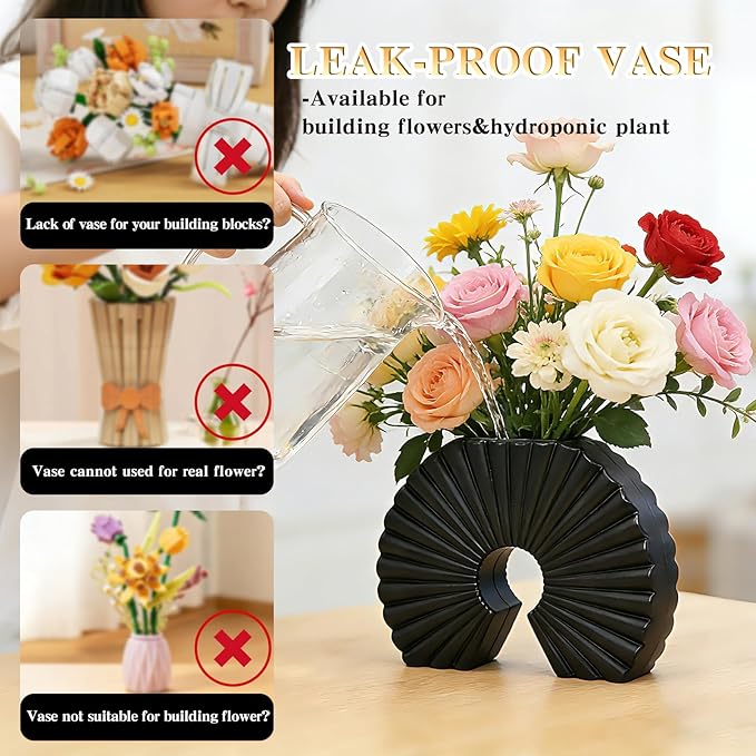 Flowers Building Sets with Leak-Proof Plastic Vases for Building Flowers Compatible with LEGO Botanicals Sunflower Collection Building Toys Home Office Desk Decor Gifts for Women Adults Girlfriend