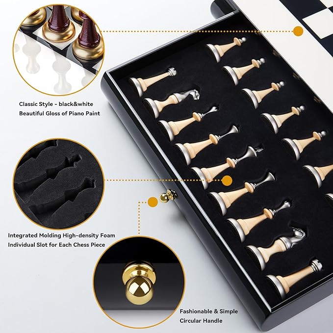 AMEROUS 16 Inches Wooden Chess Set Large Size Board with 2 Built-in Storage Drawers - 2 Extra Queens - Metallic &amp Wooden Chess Pieces - Gift Packaging Board Games for Adults and Kids