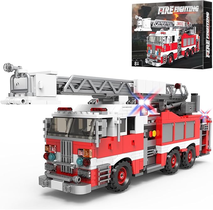 Light-Up Ladder Fire Truck Building Set – 720PCS STEM Toys for Kids &amp Adults City Firetruck Building Bricks with Flashing Lights Ideas Creative Gift for Birthday Christmas Compatible Building Br