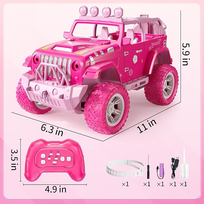 Pink Remote Control Car for Girls 4-7 2.4GHz Off-Road RC Jeep with Spray Climbing Toy for Girls Aged 3-4 5-6 7-8 9-10 Remote Control Vehicle Gift for Birthday Christmas Toys