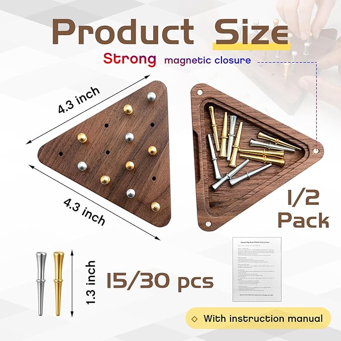 Estune 1 Set 4.3 Inch Walnut Wooden Tricky Triangle Peg Game Portable Board Triangular Game Set with Storage Box for Adults Travel Party