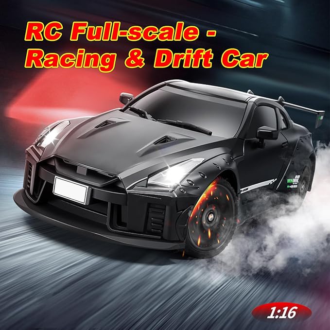 MN-268 RC Drift Car 1:16 Scale High Speed 20 KMH Racing Drift Car with Gyro LED Lights and Drift Tires 2.4G Hobby RC Cars Gift for Adults and Teens (Black)