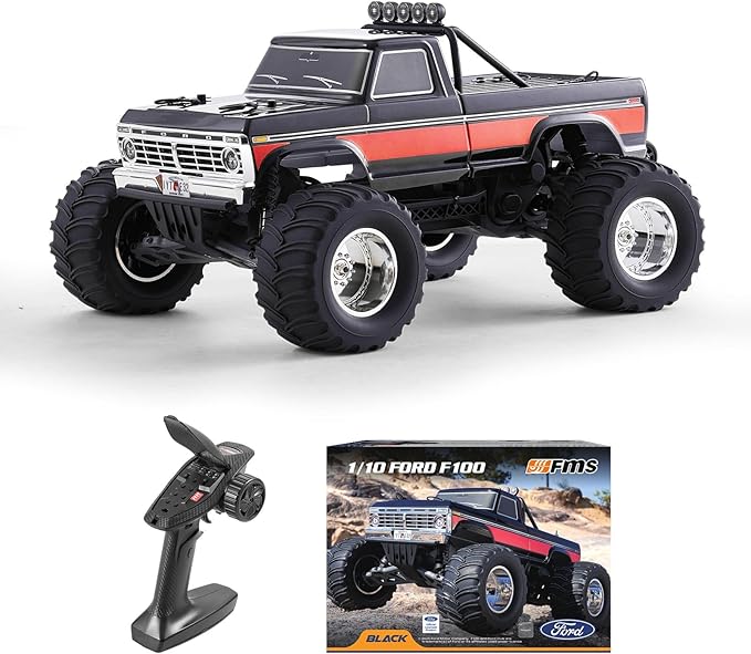 FMS 1/10 Ford F-100 RC Monster Truck RC Crawler RTR 2WD Off-Road Truck with Wheelie Bar High-Torque Motor Hobby Grade Remote Control Car for Adults Black