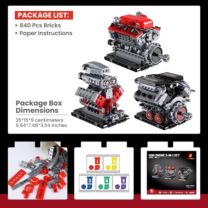 JMBricklayer 3-in-1 Mini Engine Model Car Kits that Runs V8 V12 W16 Engine Kits for Adults &amp Teens Physical Science Experiment STEM Toy Collectible Engineering Gifts for Car Lovers 840PCS