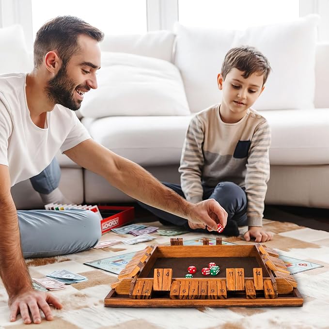 Upgraded 16.54’’ Shut The Box Dice Game with 15 Numbers for 1-4 Players Large Wooden Board Math Game 16 Dices Tabletop Games Kids Adults Family Party Birthday