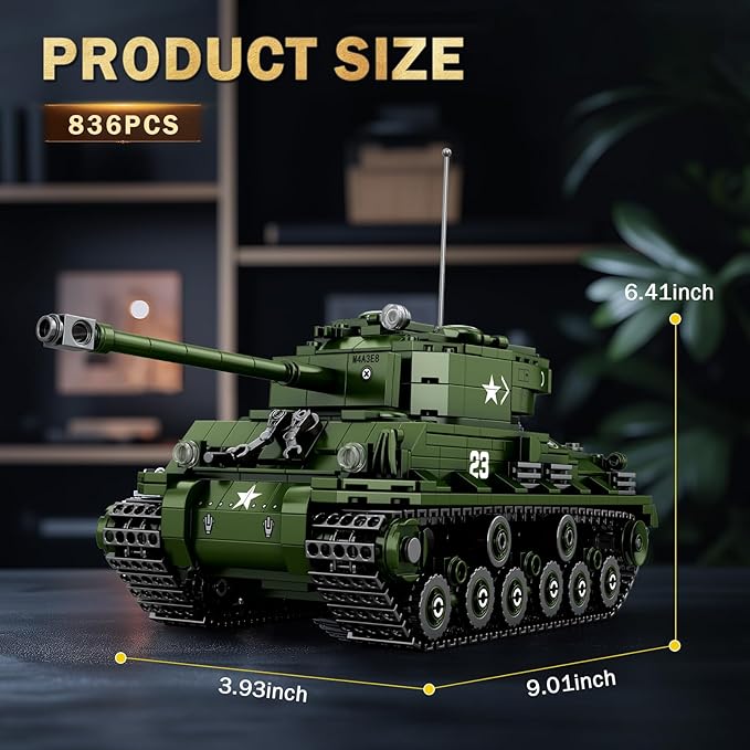 Reobrix M4A3E8 Sherman Tank Building SetWW2 Military American Armed Tanks Building Block Set for Military FansWorld of Tanks Authorized Products 77030Ideal Gift for Adults Boys Age 14+836 PCS