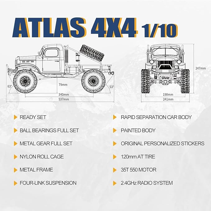 EAZYRC FMS Rochobby 1/10 Atlas Ready Set RC Crawler RC Truck 4X4 with Lighting 2.4GHz RadioBall Bearing Metal-Gear Full4 Link SuspensionRapid Separation Car Body for Adult (Orange)