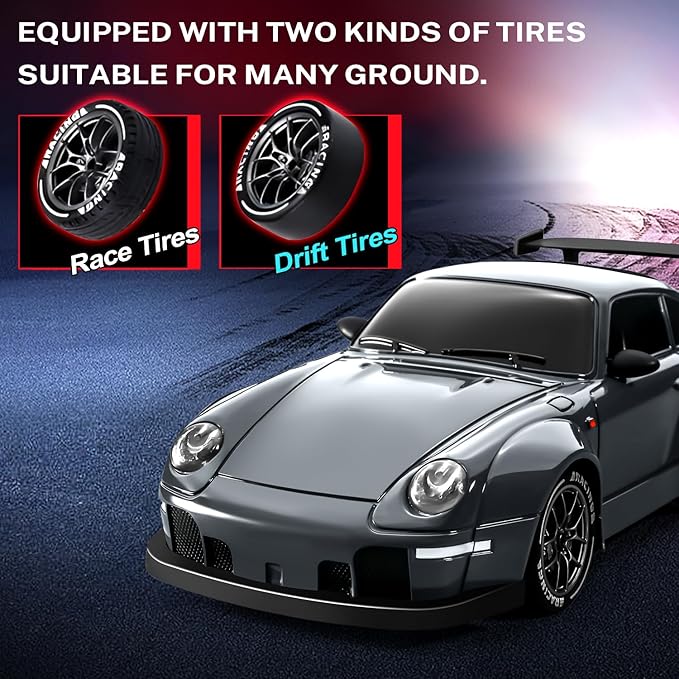 ACAMMZAR RC Drift Car 1:24 Remote Control Car for Kids 20KM/H 4WD High Speed RC Cars with LED Lights Two Batteries Extra Drifting Tires Vehicle for Adults Boys Girls